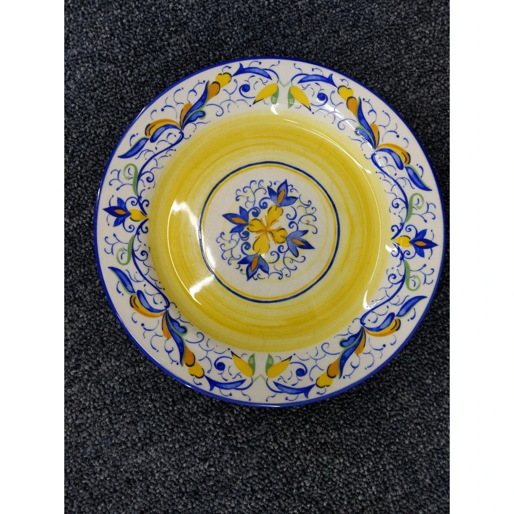 Pier 1 Mirandela Salad Plates 9in Yellow Blue Hand Painted Portugal Set of 2‎